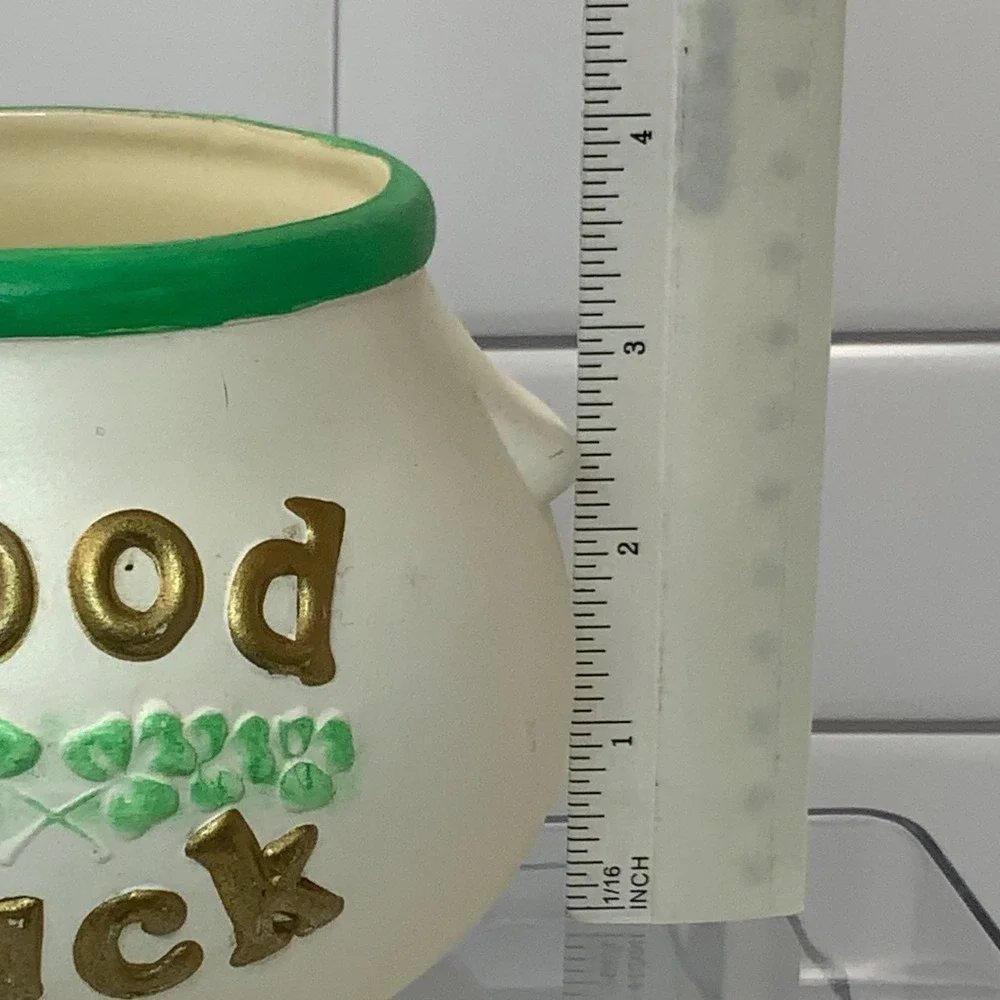 Vintage Good Luck Shamrock Cauldron Ceramic Planter White Green Gold 3.5in